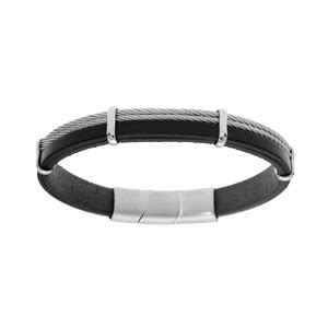 Bracelet En Acier Et Cuir Noir Avec C Bles Gris Et Double Fermoir Cm