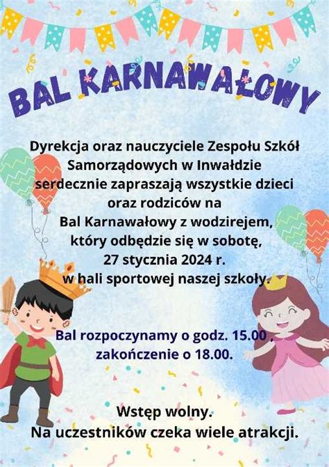 Zaproszenie na Bal Karnawałowy Zespół Szkół Samorządowych w Inwałdzie