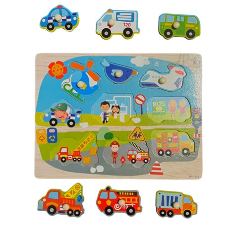 Puzzle Incastru Din Lemn Cu Maner Mijloace De Transport Evawoodtoys Ro