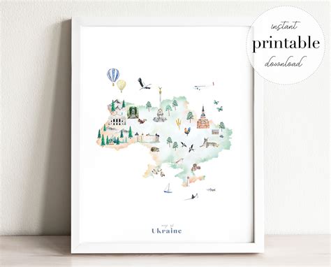 Ukraine Map Illustrated Printable Home Decor Travel Poster | Etsy