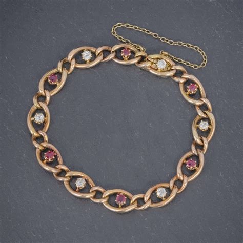 Antique Victorian Ruby Diamond Curb Bracelet 18ct Gold Circa 1880