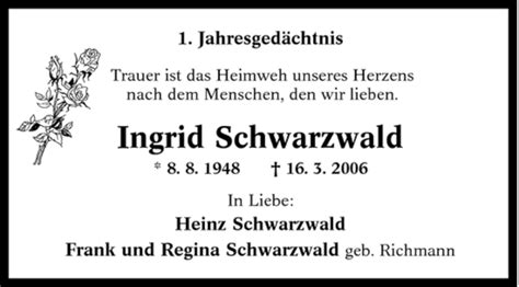 Traueranzeigen Von Ingrid Schwarzwald Trauer In NRW De