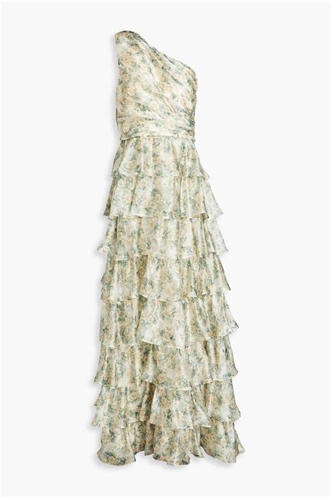 Mikael Aghal One Shoulder Tiered Floral Print Crepe De Chine Gown