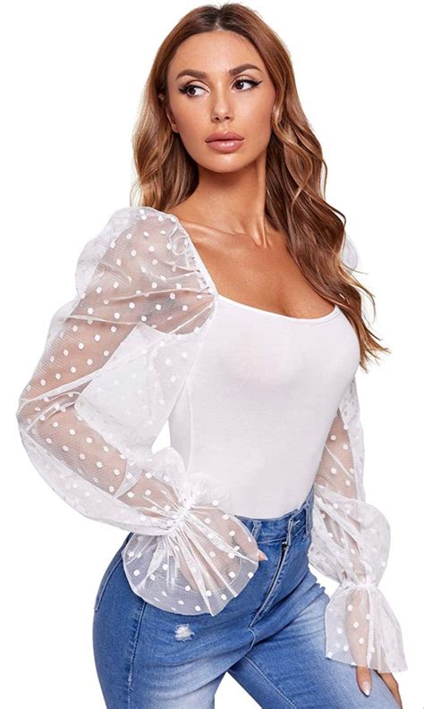 Wdirara Women S Polka Dots Sheer Dobby Mesh Square Neck Long Sleeve