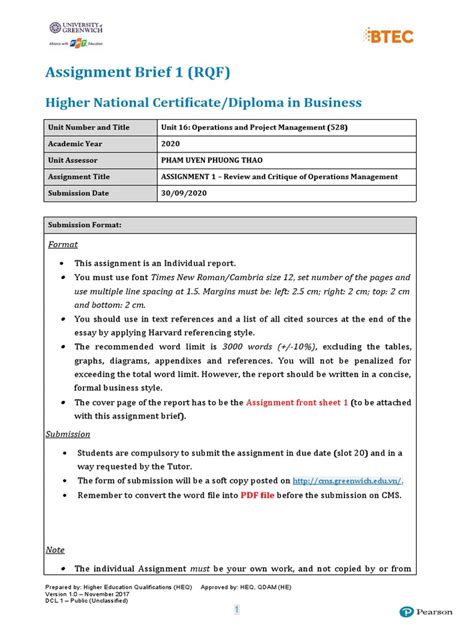 Assignment Brief 1 Rqf Higher National Certificatediploma In