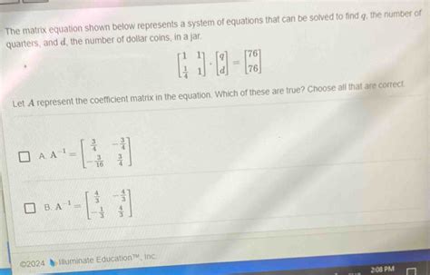 Solved The Matrix Equation Shown Below Represents A System Of