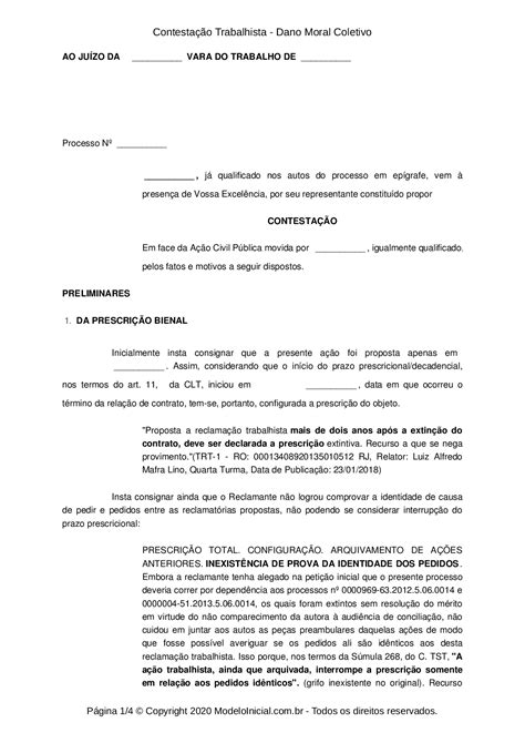 Modelo Contestação Trabalhista Dano Moral Coletivo