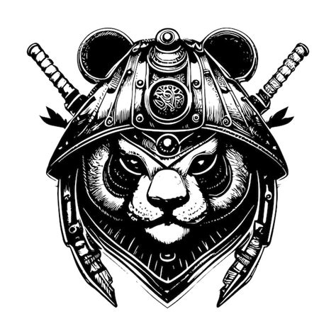 Logotipo samurai panda irritado ilustração desenhada à mão em preto e