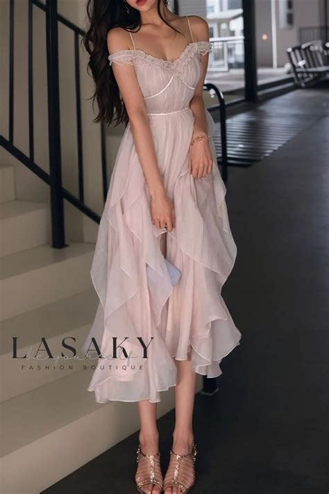 Lasaky Elegant Powder Pink A Line Maxi Dress With Delicate Lotus Leaf