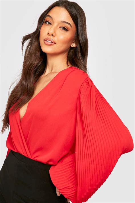 Red Chiffon Pleated Sleeve Wrap Bodysuit Boohoo Uk