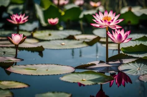 Premium AI Image Pink Water Lilies In A Pond With Pink Water Lilies