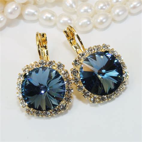 Navy Crystal Earrings Navy Gold Drop Earring Navy Swarovski