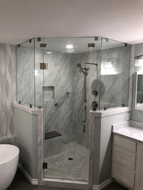 Neo Angled Glass Shower Enclosure With Two Half Walls Glass To The Ceiling Contemporary