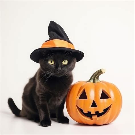 Gato Negro Con Sombrero De Bruja Y Calabaza Sobre Fondo Blanco Foto