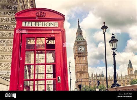 London Big Ben Tower And A Red Phone Booth Vintage Film Effect