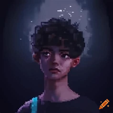 Realistic Aesthetic Gamer Boy Character In Dark Pixel Art With Curly