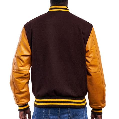 Letterman Jacket Brown Wool Body Bright Gold Leather Sleeves