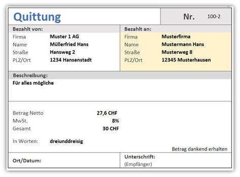 Kostenlose Quittungs Vorlage F R Excel Alle Meine Vorlagen De