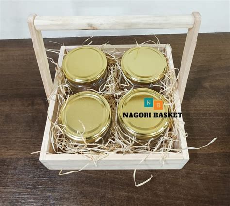 Light Brown 4 Jar Square Pinewood Handle Basket For Gift Packaging