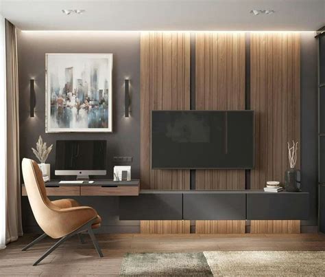 A Modern Living Room With Wood Paneling And Black Entertainment Center