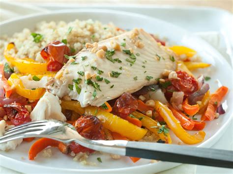 Recipe Roasted Fish And Veggies With Quinoa And Pine Nuts Whole