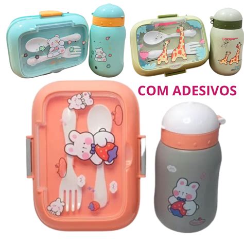 Kit Marmita Infantil C 2 Talheres E Garrafa Lancheira Escolar Shopee