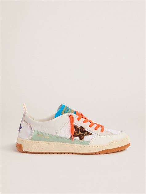 Mens White And Blue Yeah Sneakers With Leopard Print Star Golden Goose