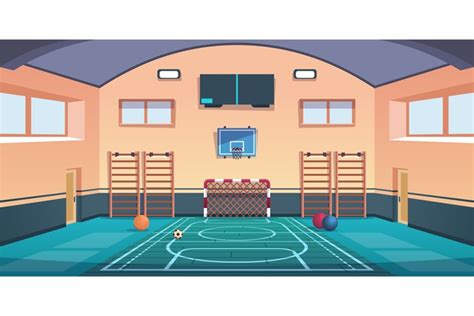 Cartoon school court. Gym with basketball basket and footbal