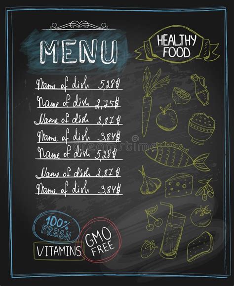 Healthy Food Chalkboard Menu With Hand Drawn Assorted Fruits And