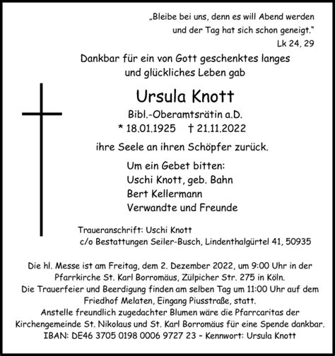 Traueranzeigen Von Ursula Knott WirTrauern