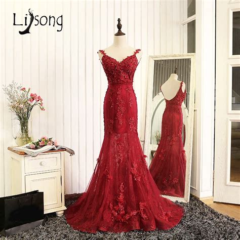 Burgundy Mermaid Evening Dress Vestidos De Festa Appliques Women Party