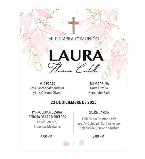 Invitación Primera Comunión Cascada Rosa personalizada