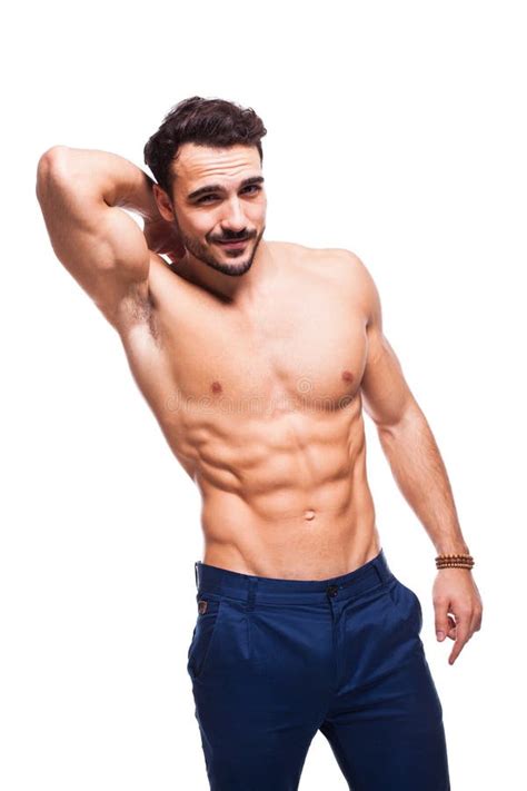 Handsome Adult Man With Healthy Athletic Body Half Naked On White