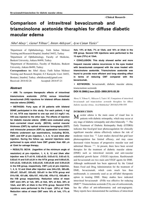 Pdf Comparison Of Intravitreal Bevacizumab And Triamcinolone Acetonide Theraphies For Diffuse