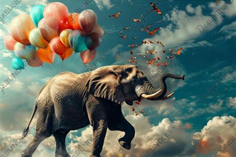 Elephant Flying With Balloons Fantasy