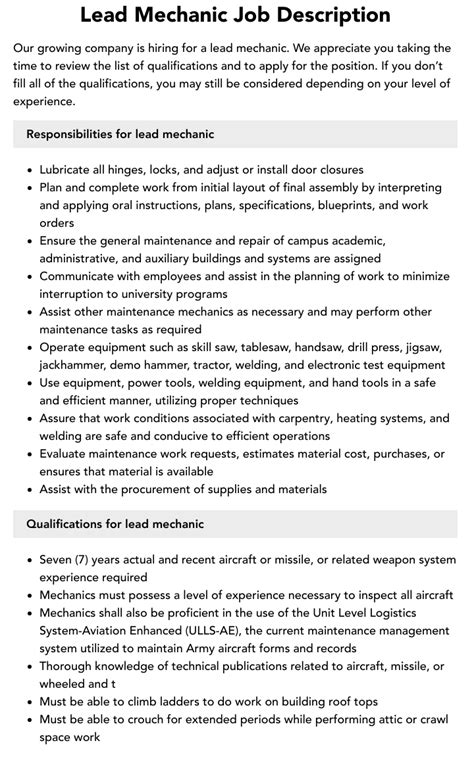 Lead Mechanic Job Description Velvet Jobs