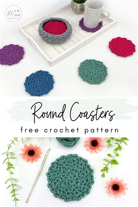 Crocheted Coasters With Text Overlay Reading Round Coasters Free Crochet Pattern