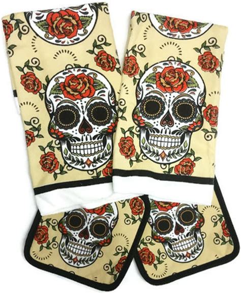 Küchentextilien Day Of The Dead Sugar Skull Kitchen Towels Set Of 4 New