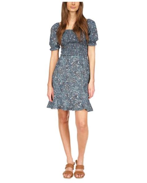 Michael Kors Synthetic Paisley Smocked Ruffled Mini Dress In Midnight