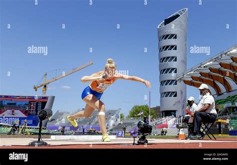 EUGENE - Anouk Vetter in action during the heptathlon shot put on the ...