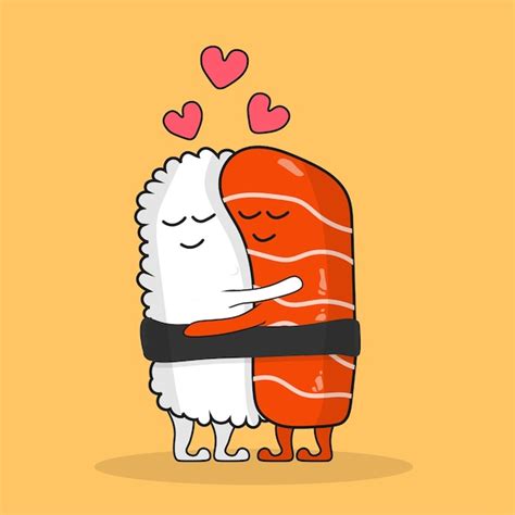 Lindo Sushi Salm N Pareja Abrazo Dibujos Animados Vector Icono