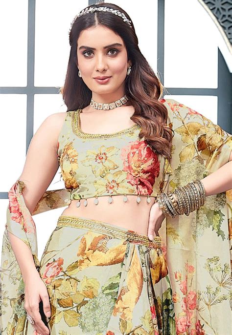 Buy Digital Printed Chinon Silk Crop Top Set In Light Green Online Tlx1047 Utsav Fashion