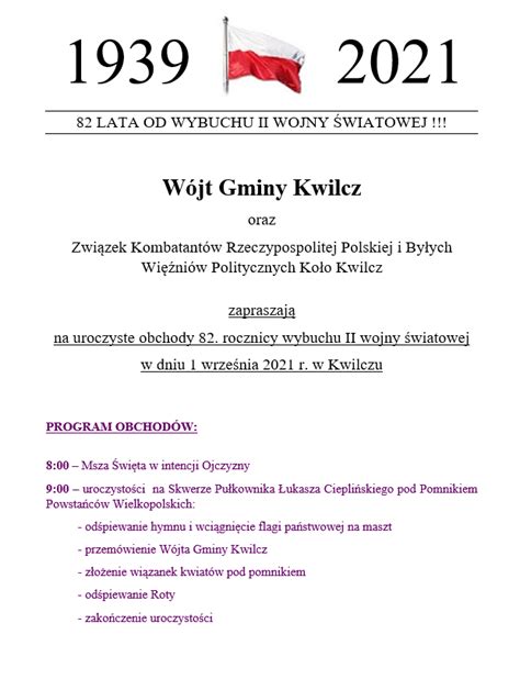 Uroczyste Obchody Rocznicy Wybuchu Ii Wojny Wiatowej Gmina Kwilcz