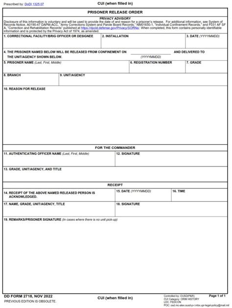 Dd Form 2718 Prisoner Release Order Dd Forms