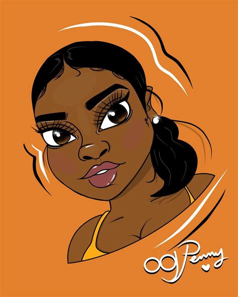 Black Girl Digital Art Baddie Illustration Art By Og Penny Orange Background Cartoon Style Art