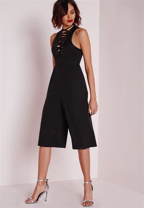 Missguided Lace Up Culotte Jumpsuit Black