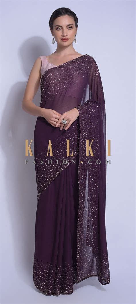 Eggplant Purple Saree In Georgette With Kundan Work On The Border And