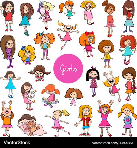 Cartoon kid girls characters big set Royalty Free Vector