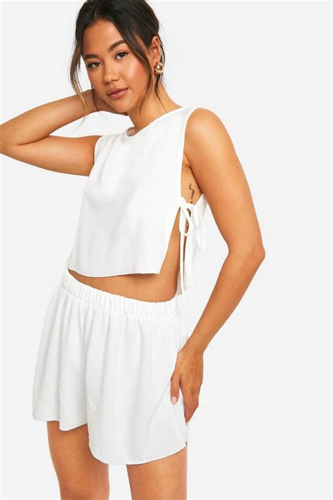 Hammered Tie Side Crop And Flippy Shorts Boohoo Uk