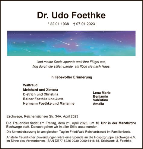 Traueranzeigen Von Udo Foethke Trauer Werra Rundschau De